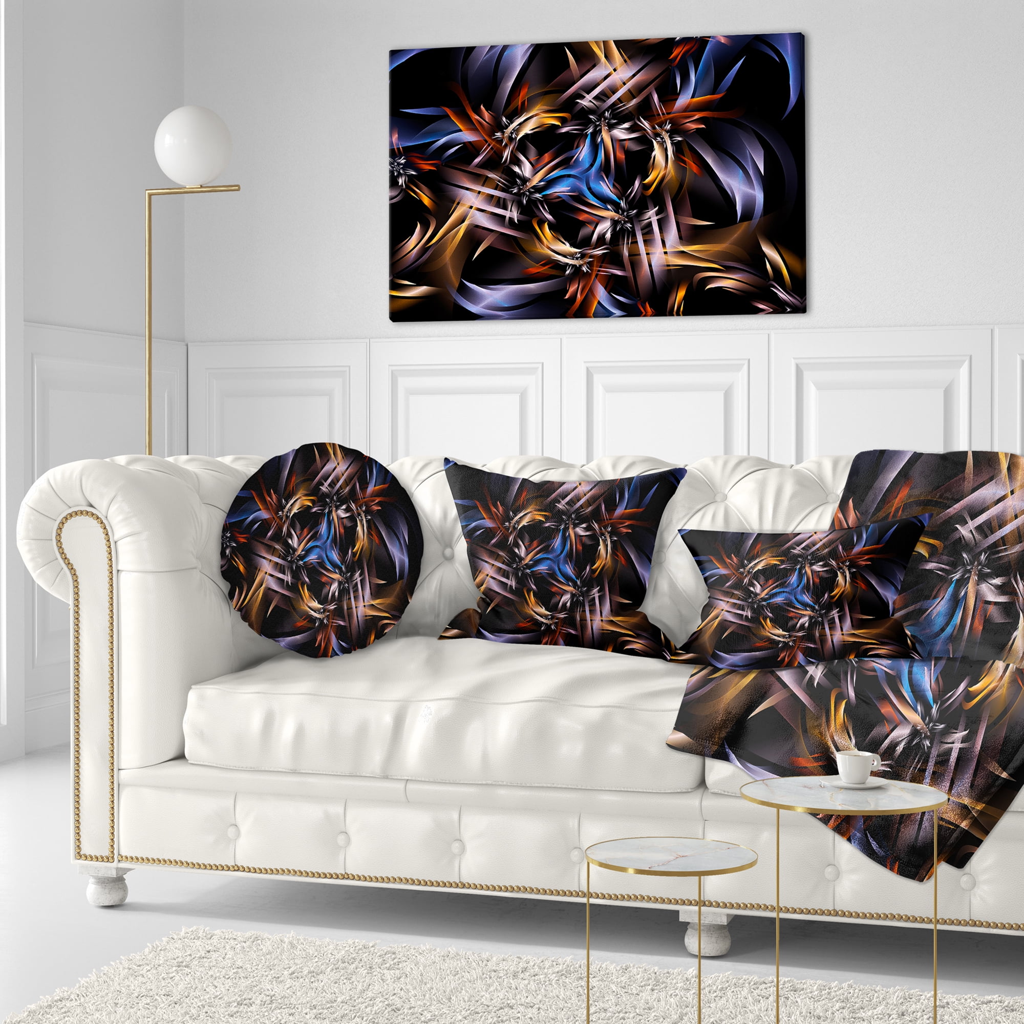 Designart Blue Fractal Light Art in Dark - Contemporary Throw Pillow - 12x20