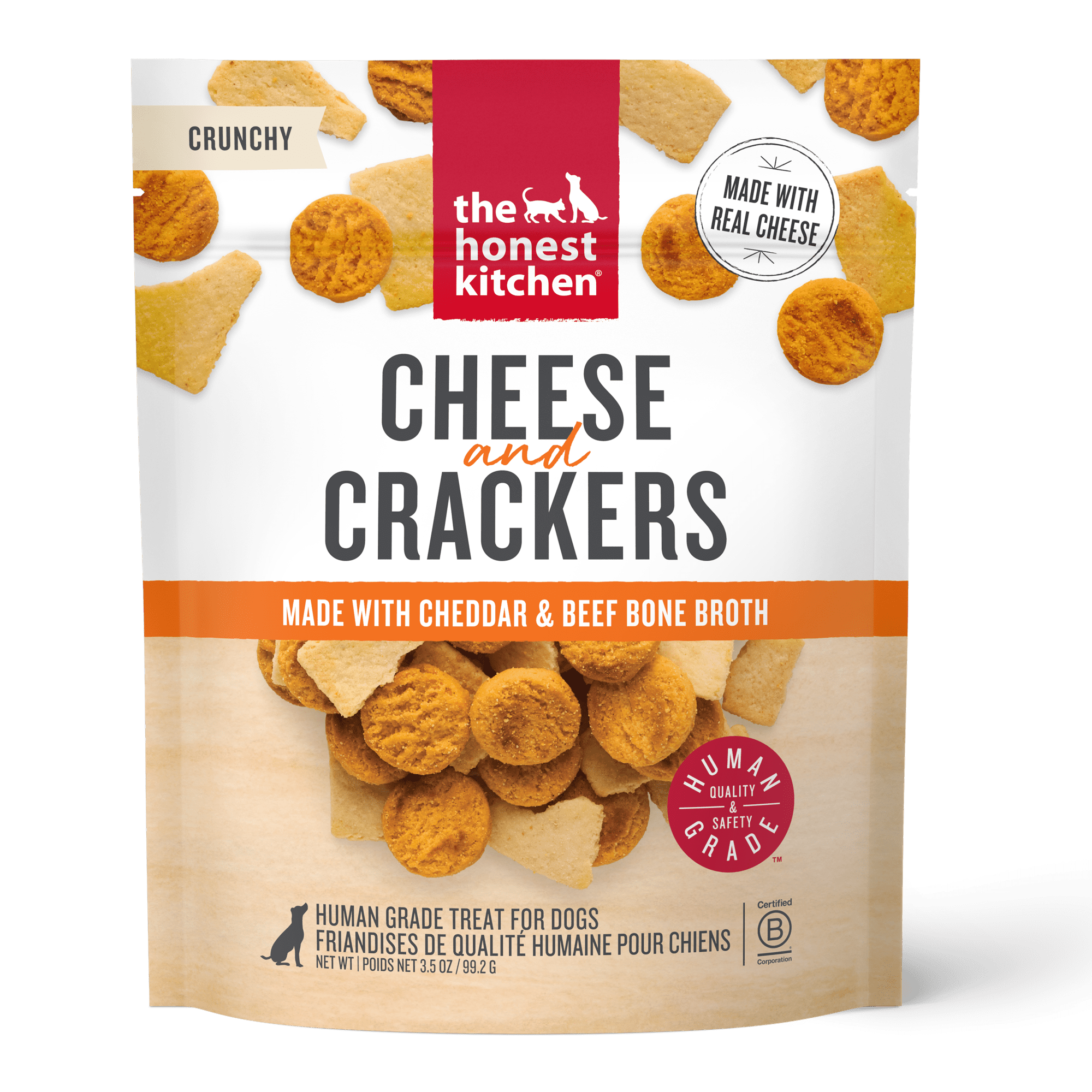 The Honest Kitchen Cheese & Crackers Dog Treats, Cheddar Cheese & Beef Bone Broth Crackers, Human Grade High Protein Crunchy Training Treats for Dogs, Savory Bite-Sized Rewards, 3.5 oz Pouch