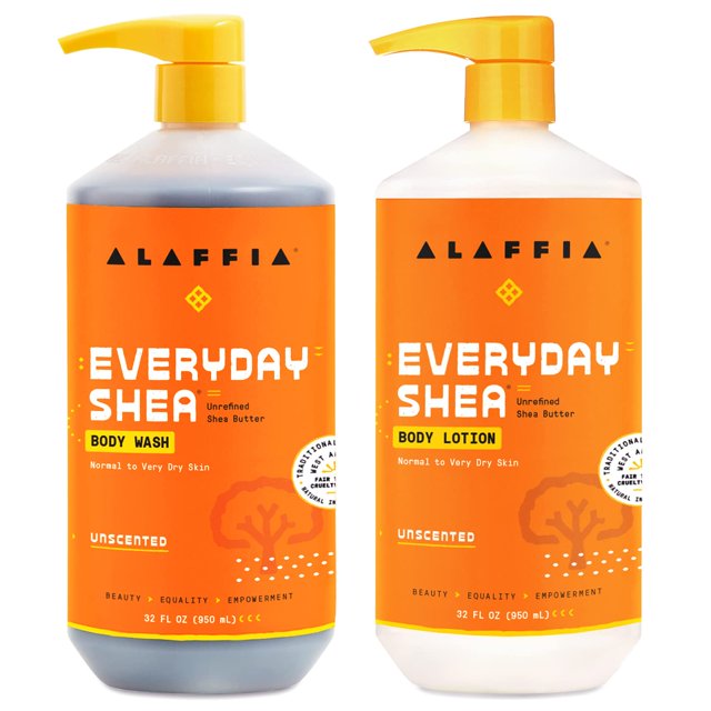 Alaffia EveryDay Loción corporal y gel de baño de karité – Piel normal a muy seca hidrata y limpia la piel suave y flexible con manteca de karité, limoncillo, neem y aceite de coco sin perfume, 32 onz