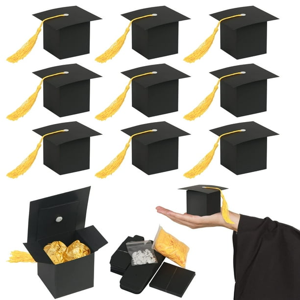 30 cajas de dulces para graduación, 6 cm x 6 cm, caja de regalo con forma de birrete de doctorado, caja de dulces de chocolate, galletas y celebración de graduación de color negro con borla