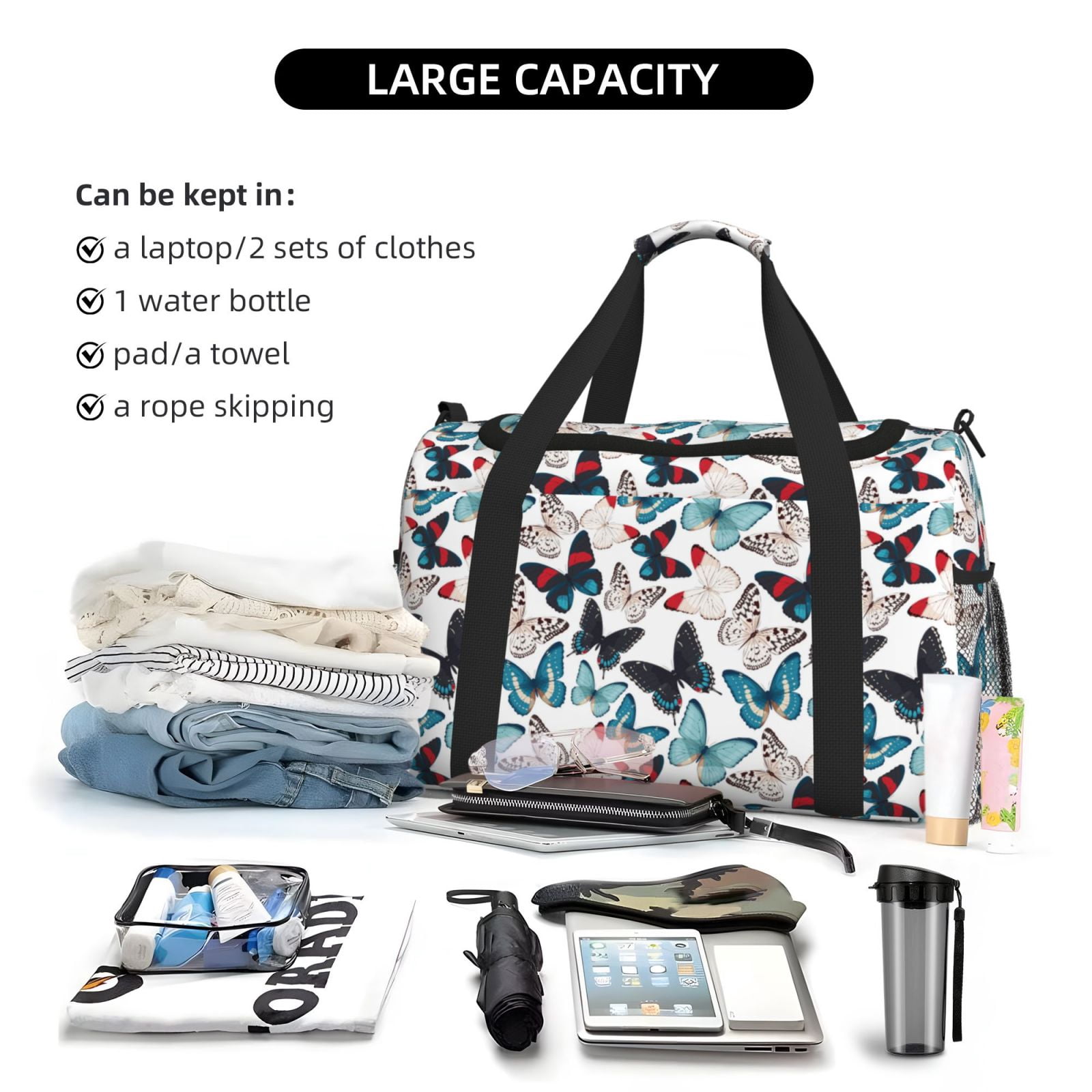 Fuzoiu Butterfly Print Travel Duffle Bag,Carry On Tote Bags,Duffel Bag,Sport Gym Bag, Hospital Bag for Labor and Delivery, Overnight Bag,Luggage Bag
