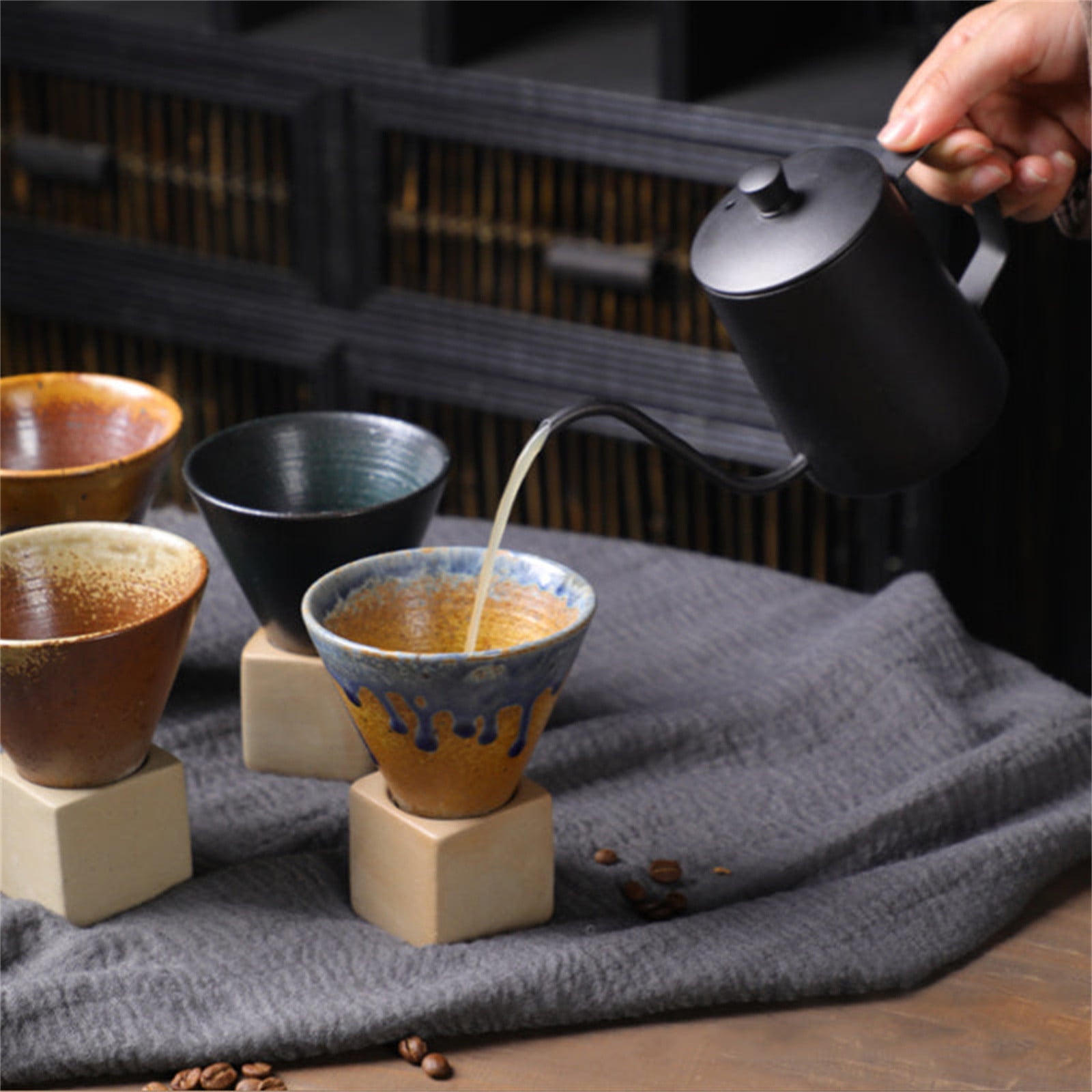 Coarse Pottery Coffee Mugs, Japanese Style Ceramic Tea Cups Triangular Cone Shape Porcelain Retro Mug with Square Base Heat Resistant Funnel Mugs Espresso Latte for Home Picnic Office