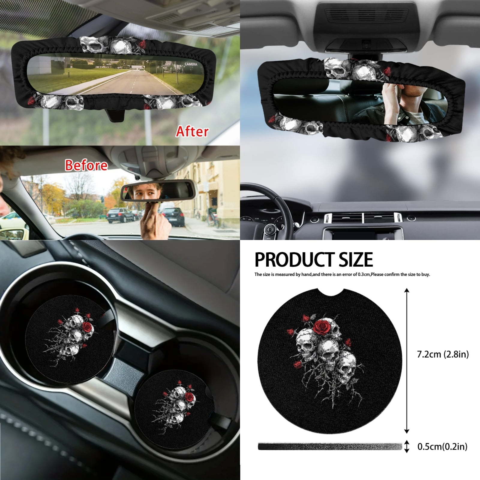 Jeiento Skull Car Seat Covers Set with Steering Wheel Cover Seat Belt Pads Garbage Bag Rose Armrest Cover Handbrake Cover Set Rear View Mirror Protector Coasters Auto Accessory Fit for SUV Van Truck