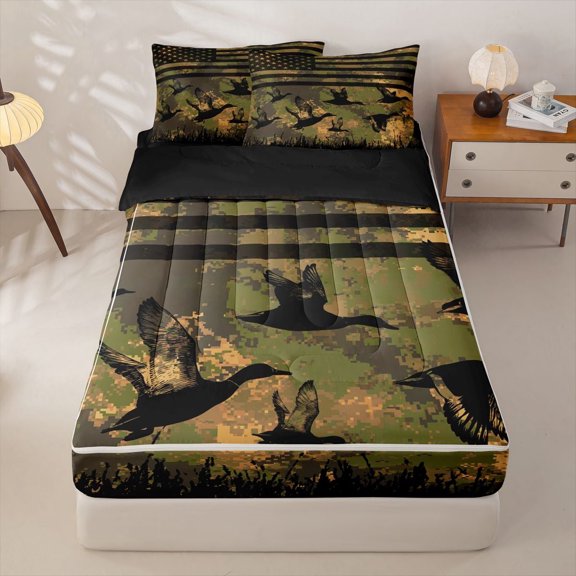 Manfei Mallard Duck Zipper Twin Comforter Sets with Fitted Sheet and 2 Pillowcases,Rustic Farmhouse Zipper Bedding Set,Pixeled Camouflage Decor,Black Reversible,4pcs