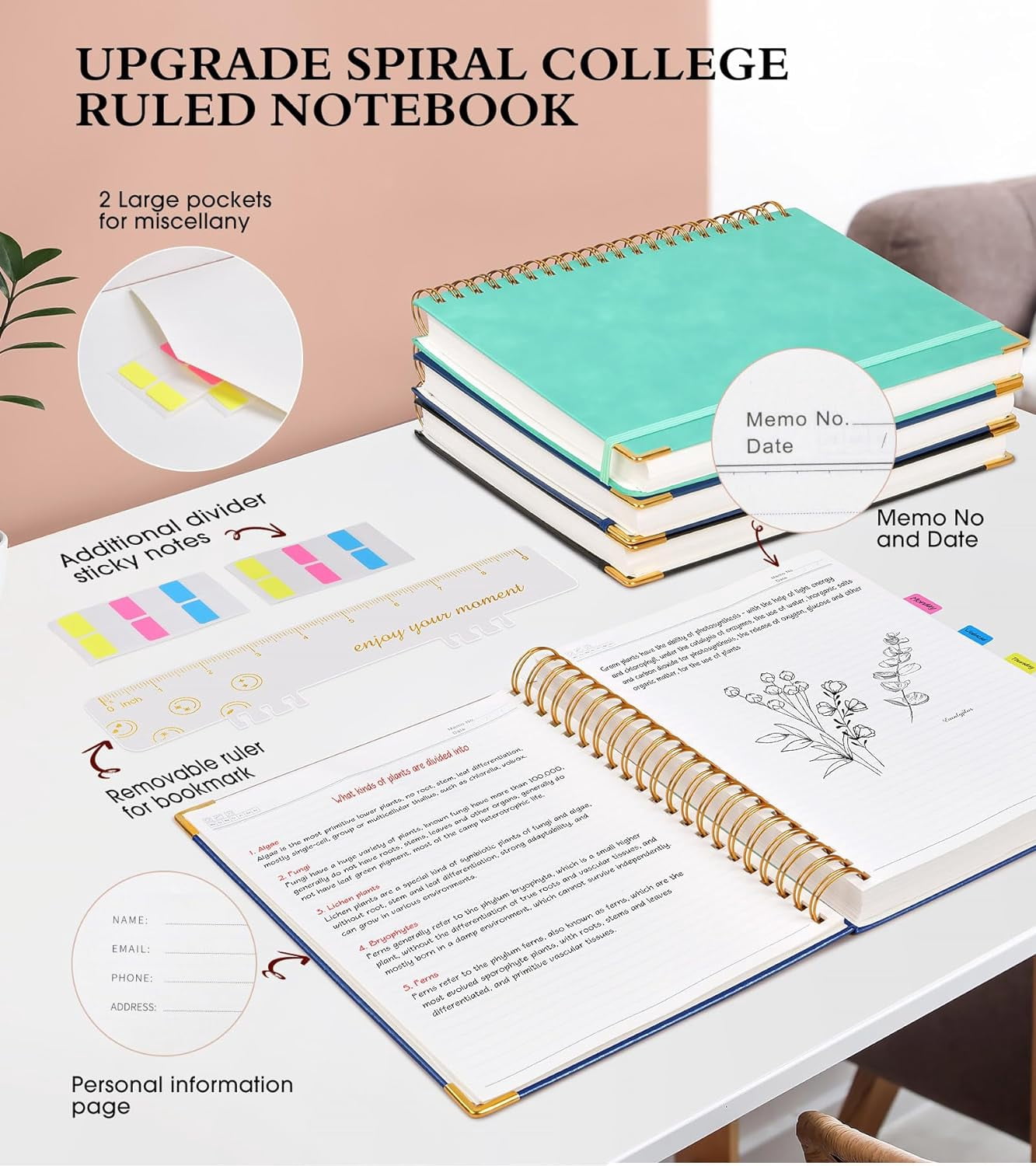 5.75"×8.38" A5 Leather Hardcover Spiral Notebook, 300 Pages, 100GSM College Ruled Journal for School & Work, Navy