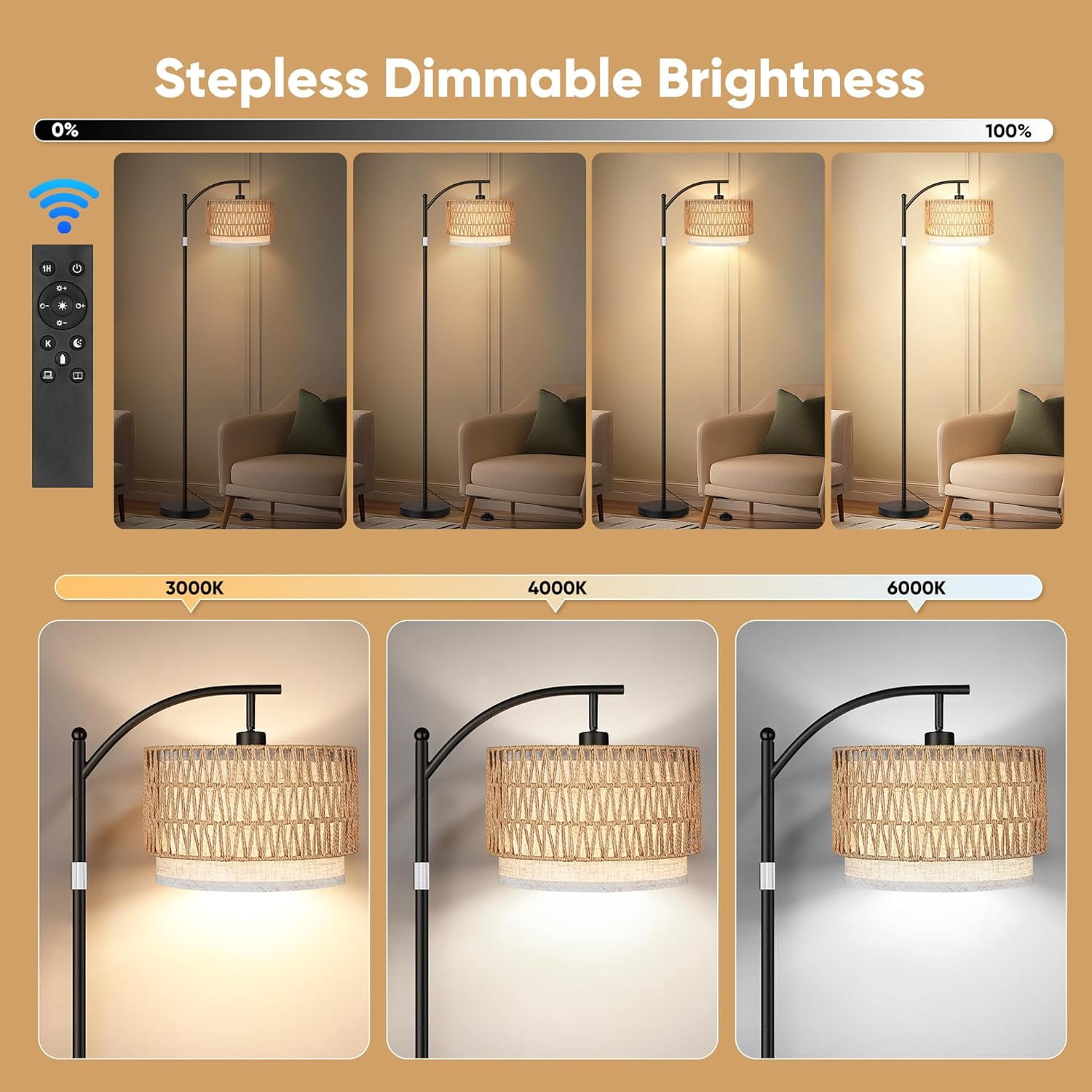 Boho Standing Lamps with Rattan& Linen Double Shades, Arc Lamps Floor Standing with 9W Bulb, Foot Switch, Rattan Floor Lamps for Living Room, Bedroom, Office-Drum