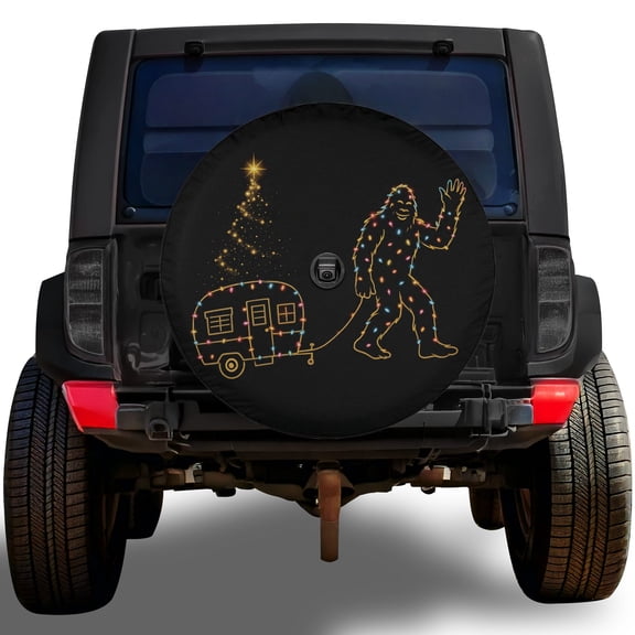 Lotusprinthandmade Bigfoot With Camping Car Lights Christmas Spare Tire Cover With Backup Camera Hole 6 Sizes (27 in.), christmas lights bigfoot tire cover