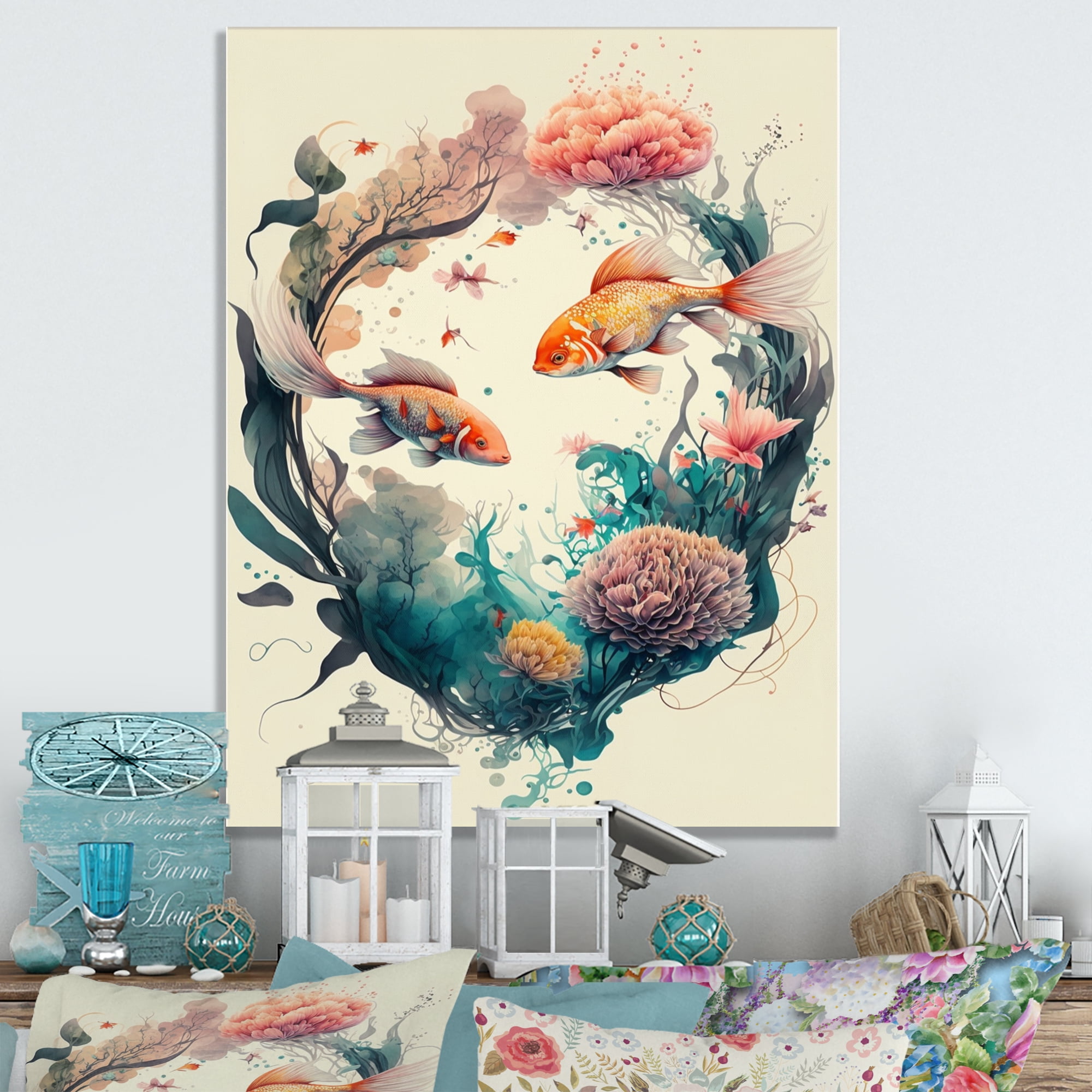 Designart Cute Fish Floral Art II Canvas Wall Art