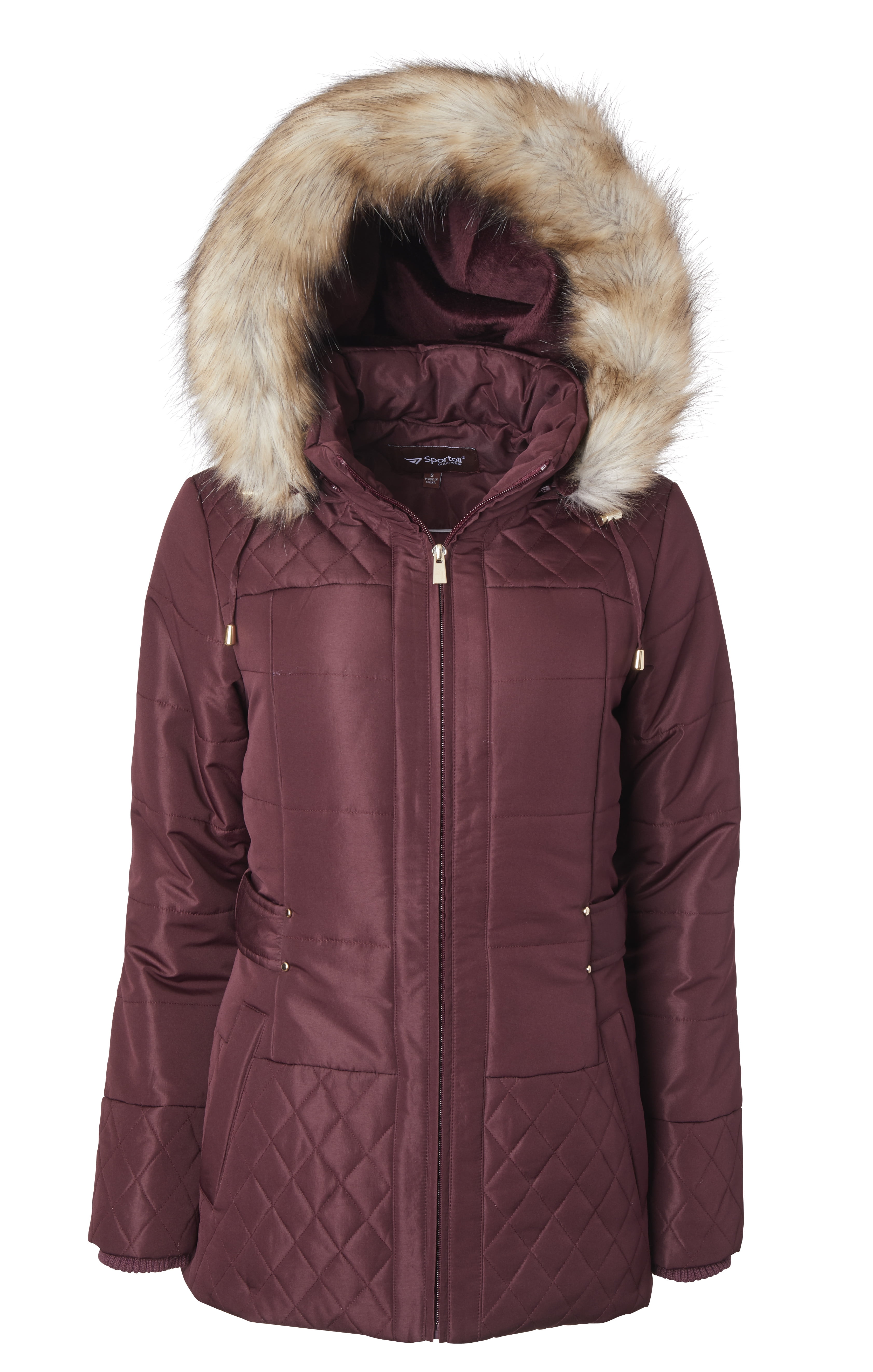 Women Midlength Down Alternative Quilt Winter Puffer Coat Zip Off Fur ...