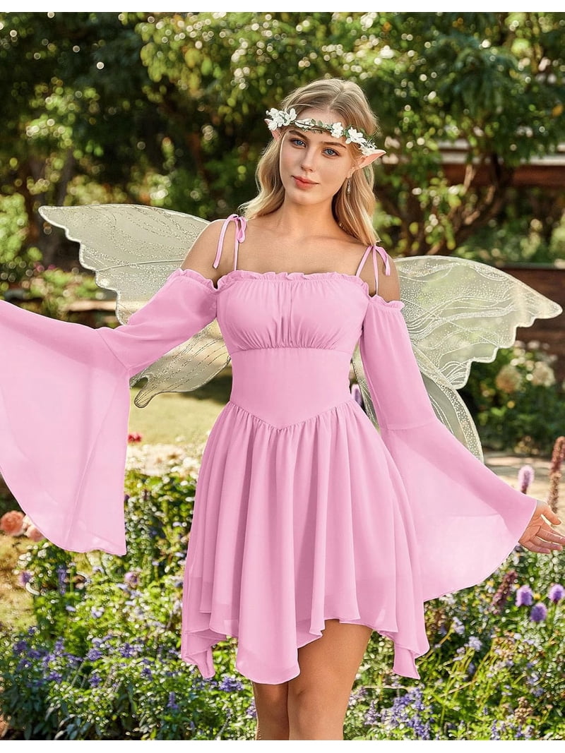 SIMDOO Womens Renaissance Fairy Dress 2026 Upgrade Off Shoulder A Line Boho Corset Dress with Pockets, Flowing Chiffon Festival Costume Outfit