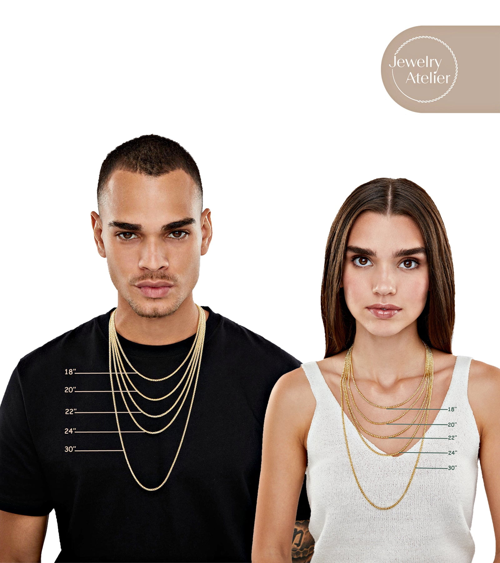 Jewelry Atelier Gold Chain Necklace Collection - 14K Solid Yellow Gold Filled Round Wheat/Palm Chain Necklaces for Women and Men with Different Sizes (2.5mm, or 3.2mm)