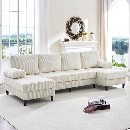 110" U Shaped Couch, Modern Corduroy Sectional Couch with Double Chaises, Upholstered 4-Seat Sofa Sectional Couches for Living Room, Apartment