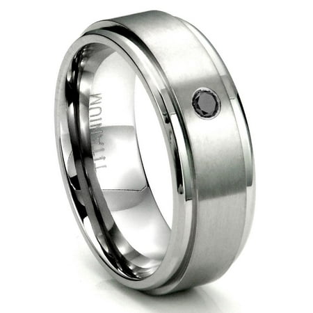 Titanium 8mm Solitaire Black Diamond Wedding Ring w/ Brush Center Sz 10.0