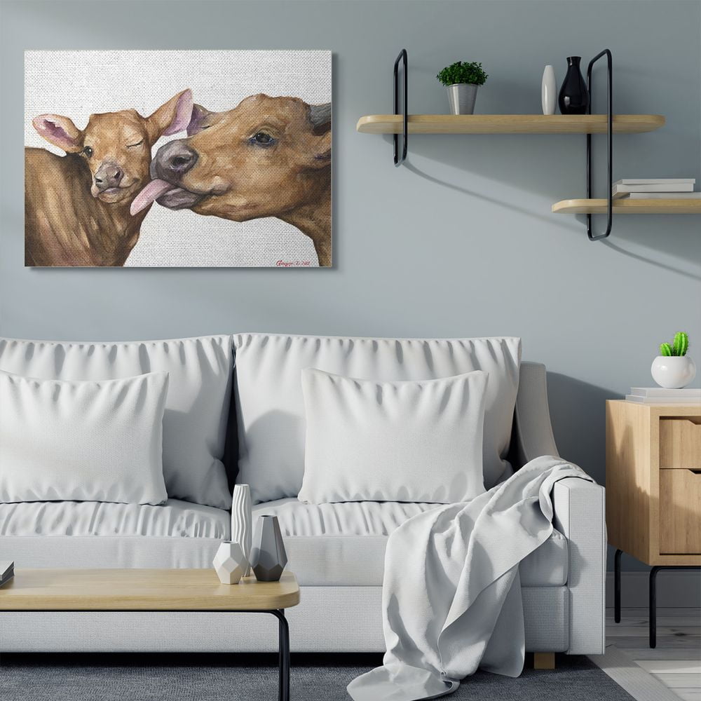Stupell Industries Baby Cow Family Animal Watercolor Painting Super Canvas Wall Art by George Dyachenko