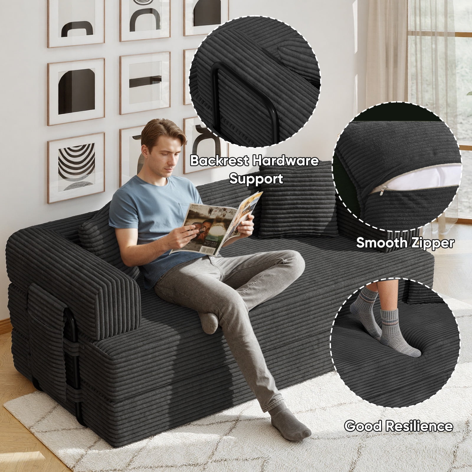 Daluvenix 4-in-1 Folding Convertible Sofa Bed 81 Inch Oversized Corduroy Upholstered Boneless Couch Loveseat Sleeper with Pull Out Bed Dark Gray
