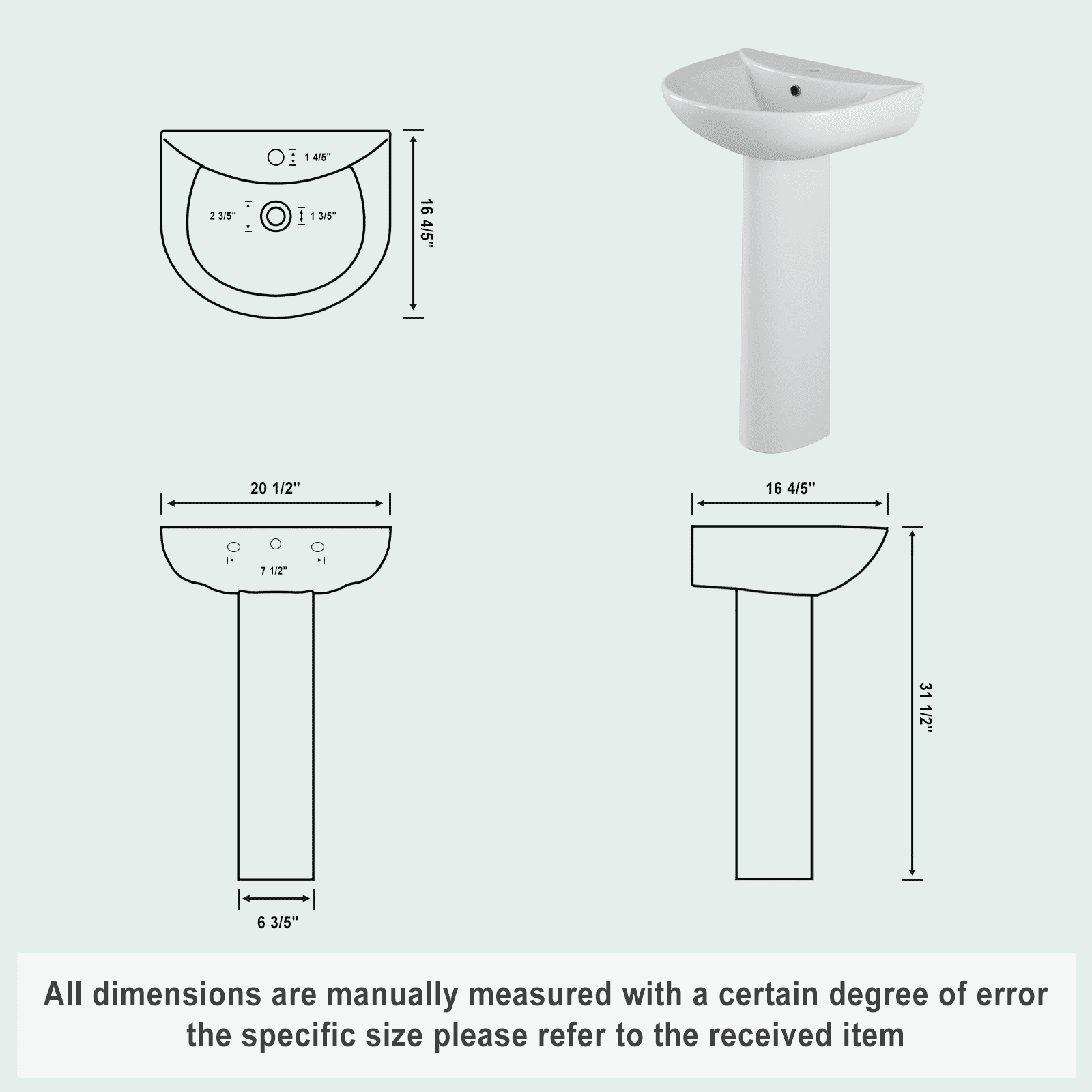 Luku Pedestal Sink Bathroom Pedestal Sink Modern U-Shape Ceramic Pedestal Sink White