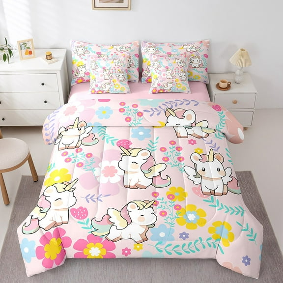 Erosebridal Cartoon Unicorn Bed in a Bag Twin size, Colorful Floral Bed Set, Cute Animal Reversible Bedding Twin Size, Ultra Soft Bedroom Decoration, 7pcs