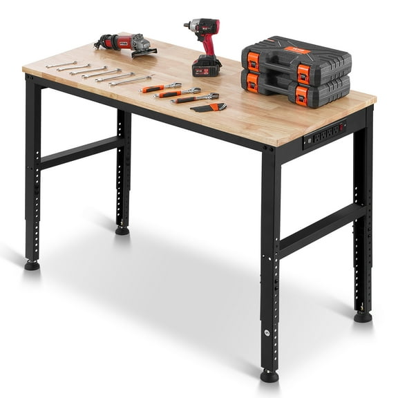 VEVOR Adjustable Workbench, 2000 lbs Capacity, 48 x 20-inch Heavy Duty Work Bench with 28.5-38.3 Inches Height Adjustment, Garage Workbench with Power Outlets, Suitable for Office, Garage, Workshop