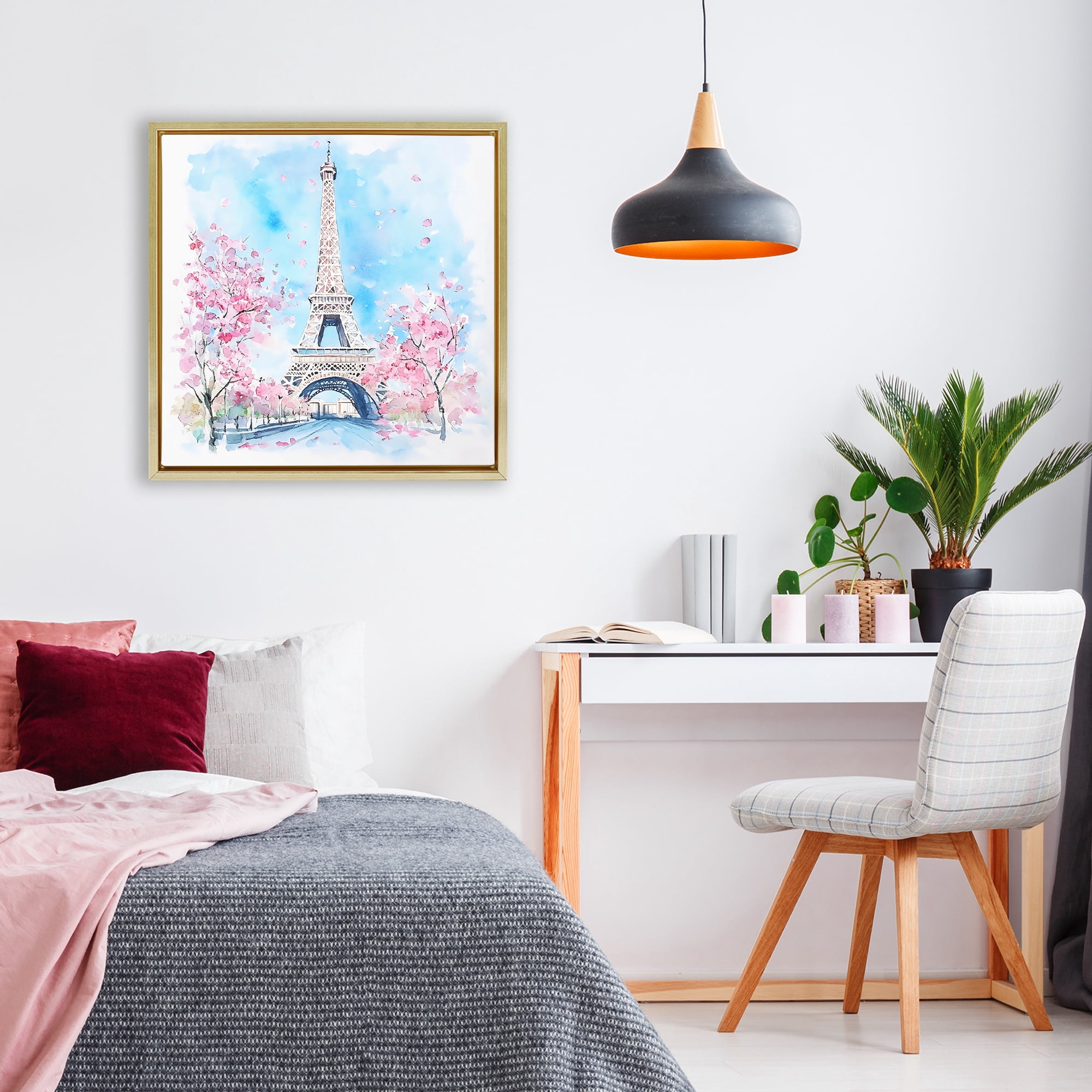 Stupell Industries Eiffel Tower Cherry Blossoms Gold Framed Floater Canvas Wall Art, design by Creative Studio