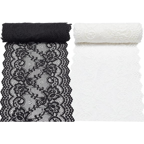 1 bag 5 Yards 2 rolls 6.3 Inch Wide Stretch Elastic Lace Ribbon White Black Floral Rose Pattern Trim Fabric for DIY Sewing Craft Costume Hat Hair Band Tablecloth Wedding Decoration Supplies