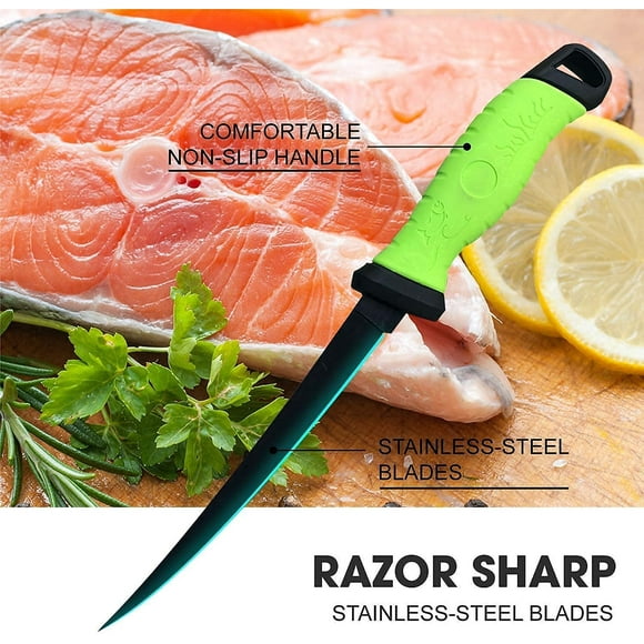 Fishing Knife Boning Knife Set Professional Fish Fillet Knife with Sheath and Protective Gloves,Slicing Knives for Fishing and Meat Cutting Stainless Steel Scraping Coating Blade,5" & 8"inch