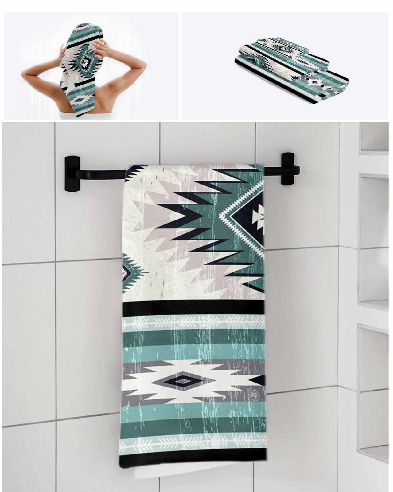 Turquoise Boho Bath Towels for Bathroom Set,Luxury Microfiber Towels Gifts for Women,Beach Kitchen Hand Hair Face Towel and Dish Washcloth,Southwestern Ethnic Aztec Retro Geometric Towels+Set