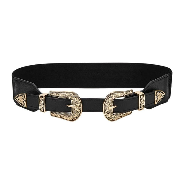 Cinturón ancho y grueso, cintura elástica para mujer, estilo retro, doble hebilla. Oro