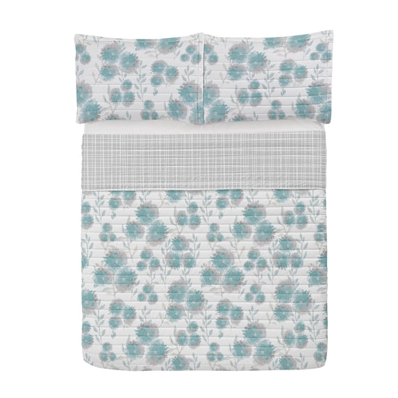 Floral Reversible Bedspread Set, Dandelion Flowers and Leaves Farm House Style Watercolor Effect Art Print, Pillow Shams & Comforter Microfiber Bedding Set, 3 Sizes, Turquoise Cadet Blue, by Ambesonne