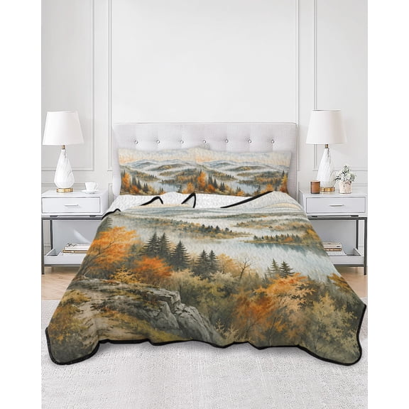 Quilts Full Size, Fall Forest Soft Comforter Bedding Set for Bed, Autumn Watercolor Pine Trees Mountains Landscape Lightweight Quilted Bedspread with Pillow Cover(2 Pieces) for All Season, 78x90 Inch