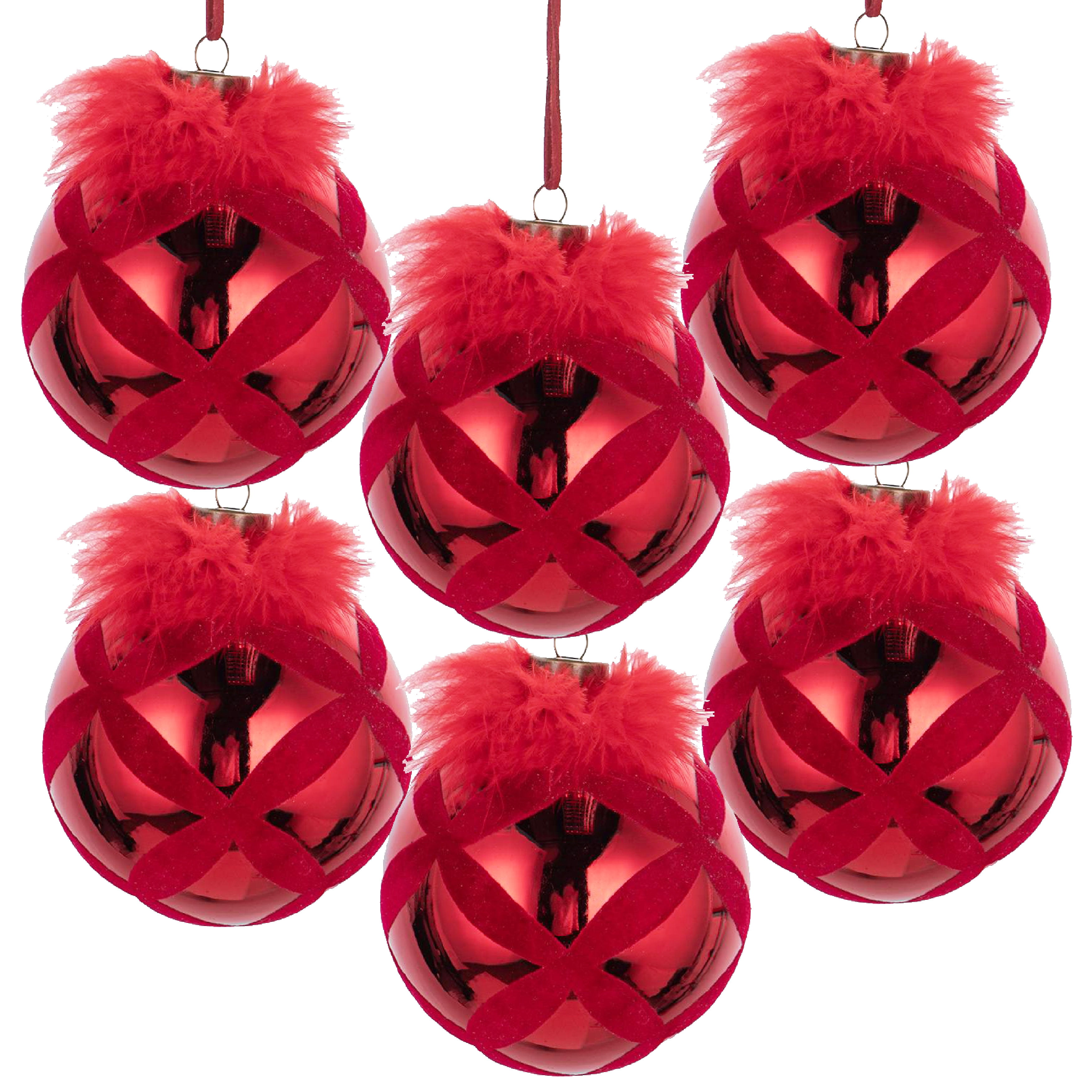 Set of 6 Glass Christmas Ball Ornaments with Flocking Feather and Painting Design by Riccardo Tree Decor