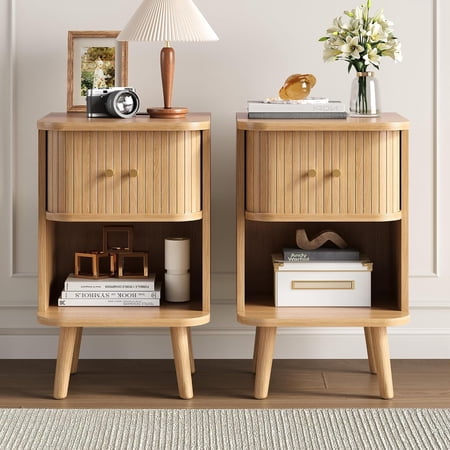 Fluted Nightstand Set of 2 Mid Century Modern Bedside Table with Charging Station Walnut End Tables with Sliding Tambour Doors Storage Cabinet & Open Shelf for Bedroom Oak