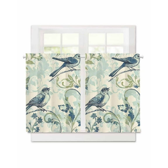 Watercolor Blue Green Bird Short Blackout Curtains 45 Inch Long Leaf Green Brach Vintage Rod Pocket Kitchen Curtains, 2 Panels Thermal Insulated Room Darkening Drapes for Bedroom, 30"W x 45"L