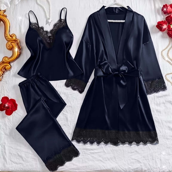 HongQid Womens Pajama Sets 3PCS Silk Pajamas for women Cute Sleepwear Loungewear Satin Pajamas Sets for Women Soft