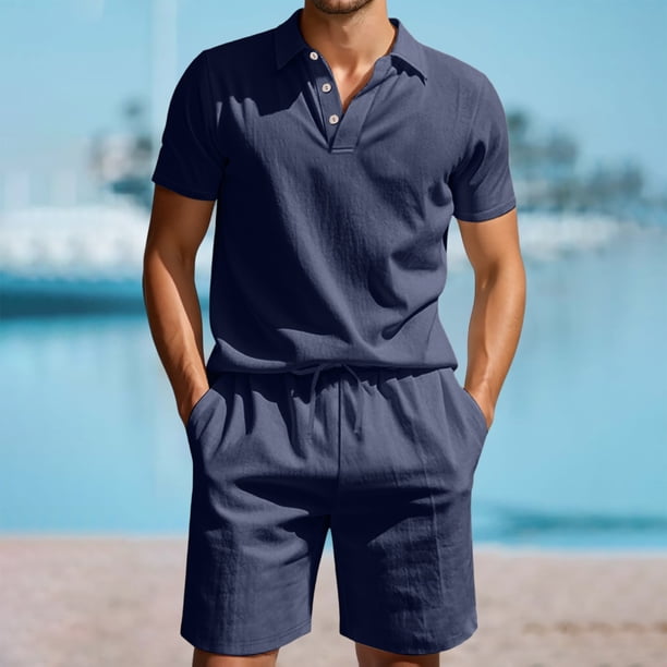 WILLBEST Traje de Verano para Hombre, de Carga Corta, Holgado, Informal, Transpirable, de Manga Corta, de Lino
