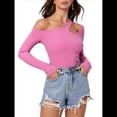 thumbnail image 3 of Camiseta de Mujer con Cuello Asimétrico, Hombros Descubiertos, Larga, Acanalada, Ajustada, para Salir, con un Solo Hombro Rosa Roja L, 3 of 10