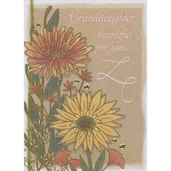 Designer Greetings Light Brown and Red 3D Die Cut Flowers, Sequins and Gold String Hand Decorated Thanksgiving Card for Granddaughter