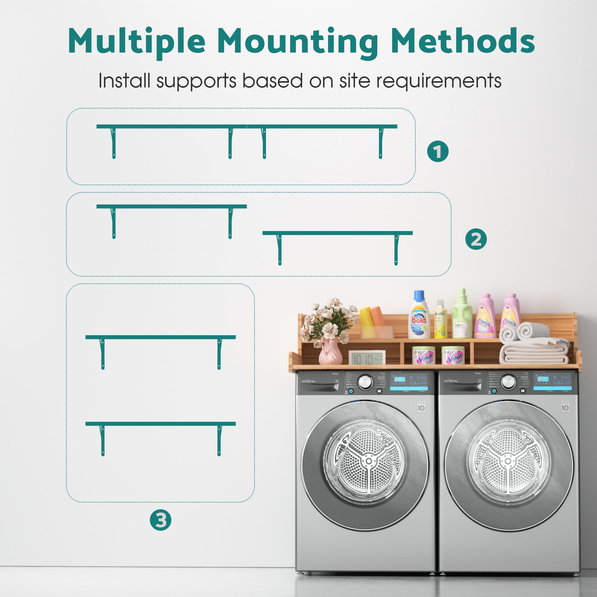 2-Tier Washer and Dryer Countertop with Storage Shelves & Non-Slip Pads, Laundry Room Organizer Countertop Set, Oak