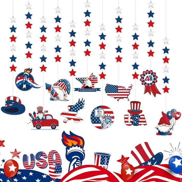 Pancartas de papel de doble cara del Día de la Independencia | Decoraciones patrióticas rojas, blancas, azules | Guirnalda colgante duradera y resistente a la intemperie | Diseño llamativo | Fácil