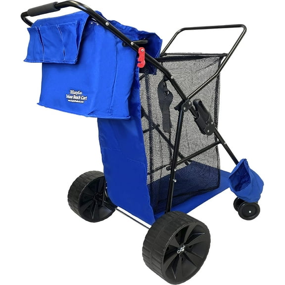 Beach Cart Deluxe Heavy Duty Folding Ocean Utility Large Sand Wheels Holds 4 Folding Chairs Umbrella Holder Removable Storage Bag – Premium Solid Blue