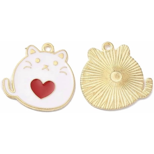 10 colgantes de aleación de esmalte para perro, diseño de gato dorado con perro, adorno colgante blanco.