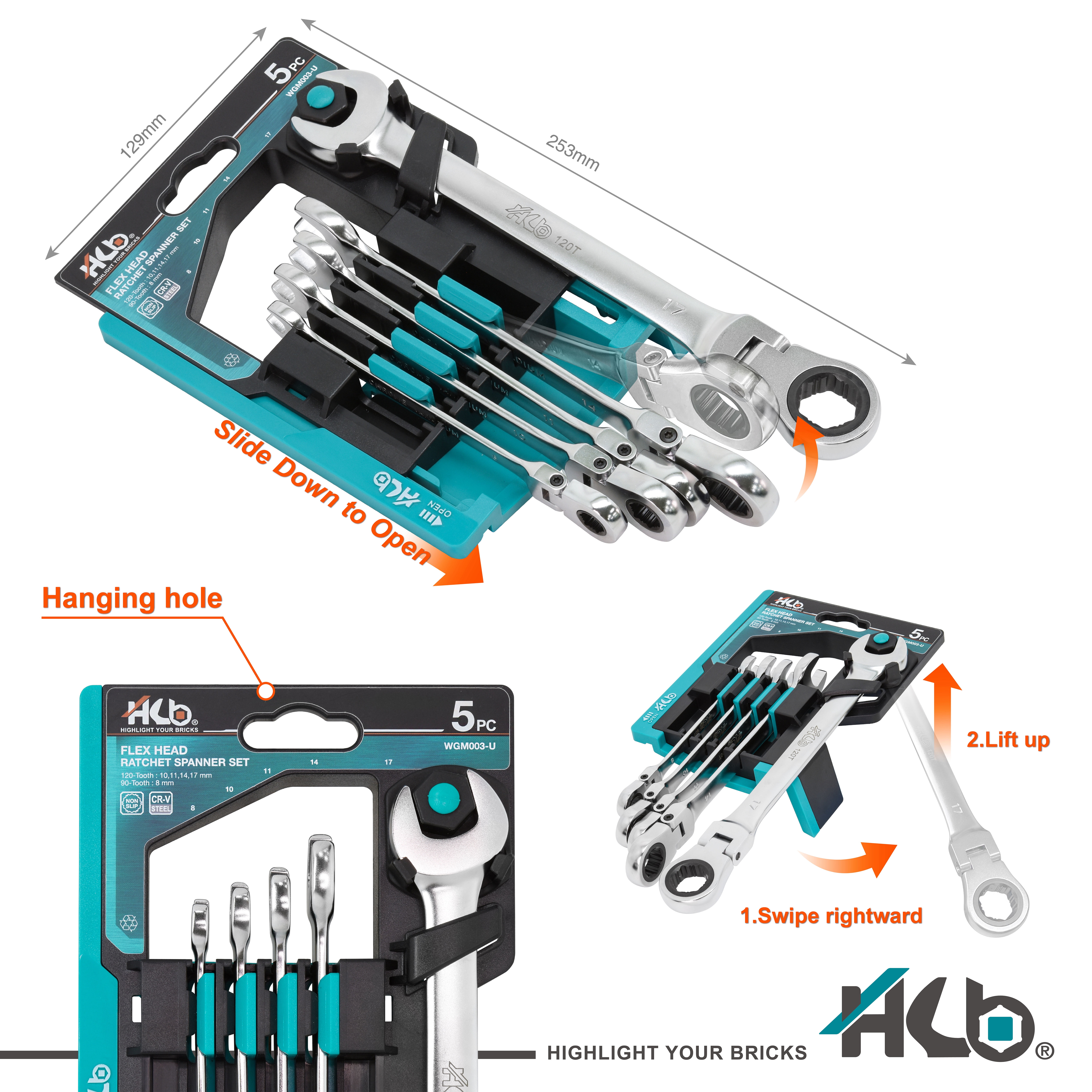 HB 5-Piece Ratchet Wrench Set WGM003-U | 90T & 120T Non-Slip Flex Head 180° Reversible Metric Wrenches 8–17mm Patented Grip Plus Rounded Bolt Remover Storage Rack Made in Taiwan