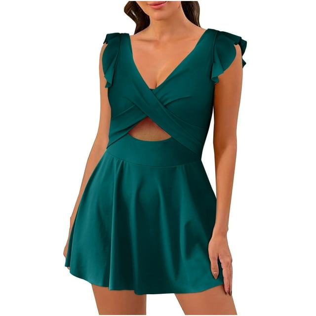Women's Swimsuit, One Piece Swim Dress with V-Neck and Ruffle Detail, Wrap Style Design for Comfort and A Flattering Fit