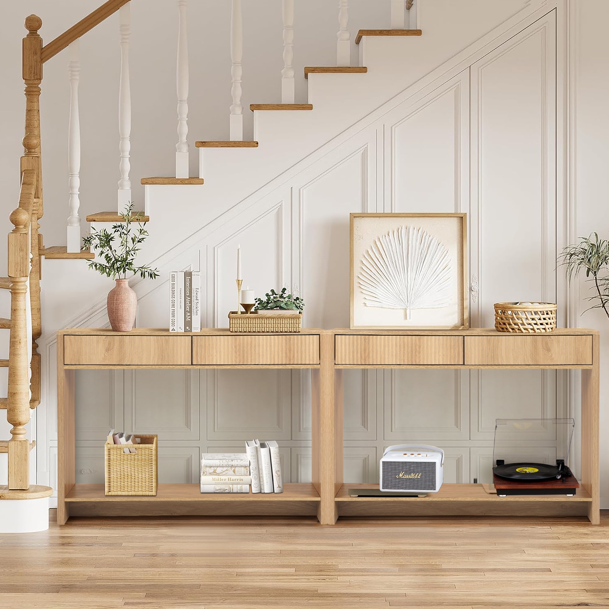 Wirrytor Narrow Console Table with Drawers and Storage Shelf, Modern Sofa Table for Living Room Entryway, Space-Saving Hallway Table Behind Couch with Solid Wood Legs