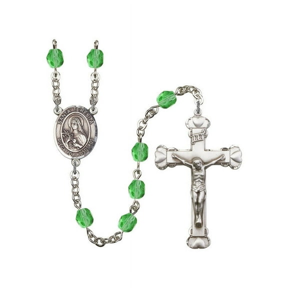 Santa Teresita Silver-Plated Rosary 6mm August Green Fire Polished Beads Crucifix Size 1 5/8 x 1 medal charm