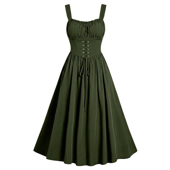 Eawtki Women's Square Spaghetti Strap Midi Dress Lace Up Corset Waist Gathered Bust Full Flared A Line Casual Party Dress