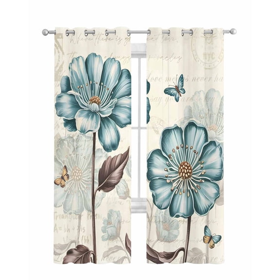 Blue Tulip Sheer Curtains 63 Inch Length 2 Panels Set for Living Room/Bedroom, Vintage Floral Leaves Butterfly Plants Beige Kitchen Curtains Grommet Semi-Sheer Curtains Window Treatments 42"x63"x2