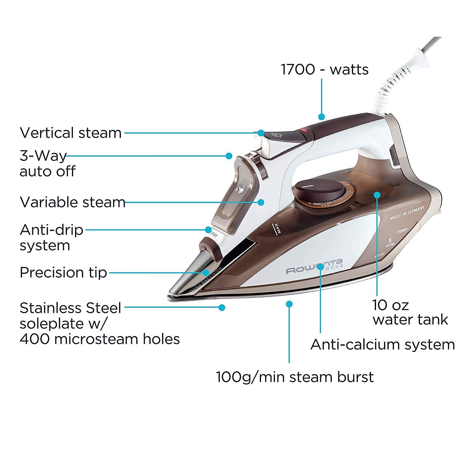 Rowenta DW5080 1700-Watt Micro Steam Iron Stainless Steel Soleplate with Auto-Off, 400-Hole, Brown — Residential Use, Standard Application