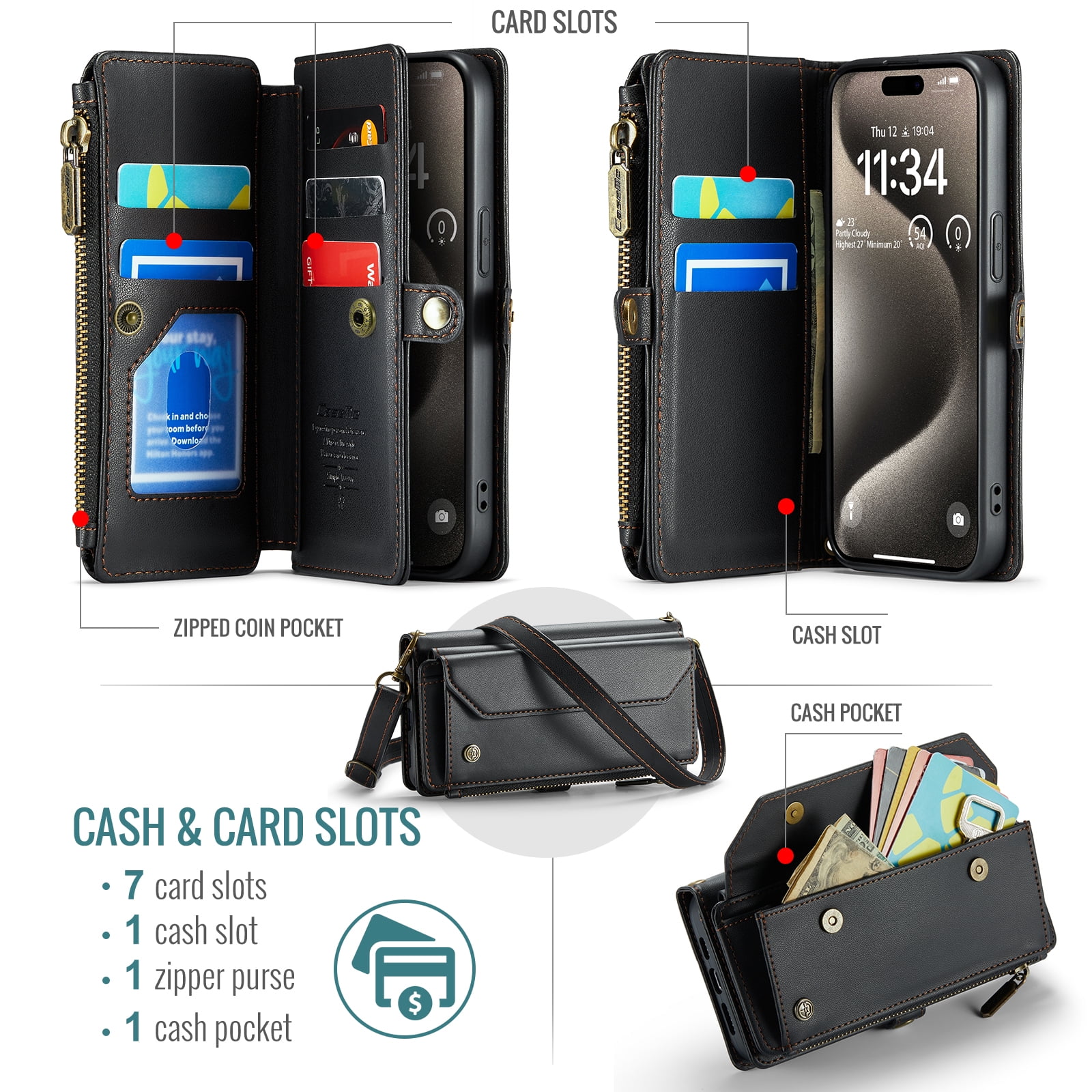 ELEHOLD for Samsung Galaxy S26 Ultra Wallet Case, PU Leather RFID Blocking Card Holder Kickstand Flip Shockproof Case with Crossbody/Wristlet Strap , Black