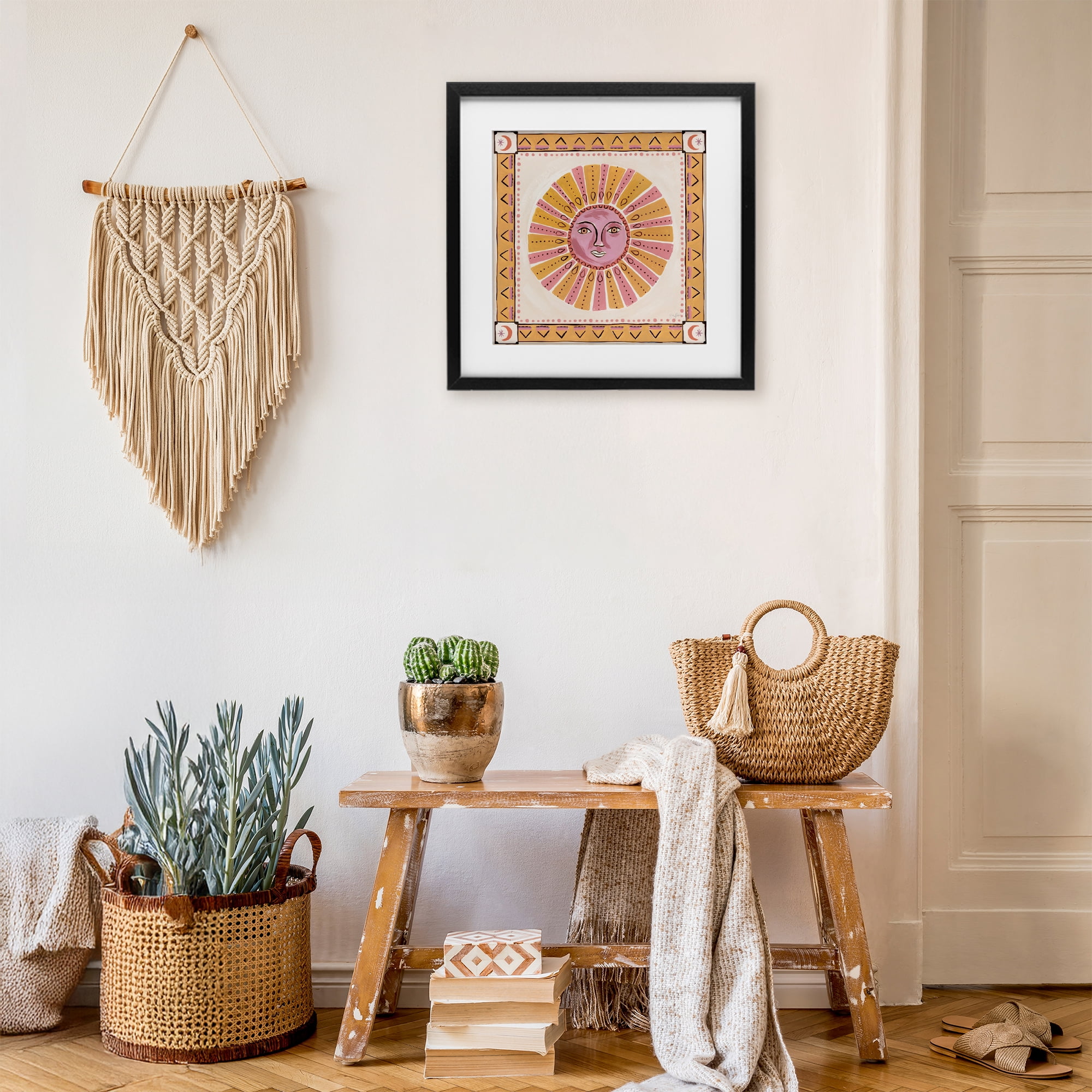 Stupell Industries Pink Sun Face with Geometric Border Black Framed Print Under Glass, design by Two If By Sea Studios
