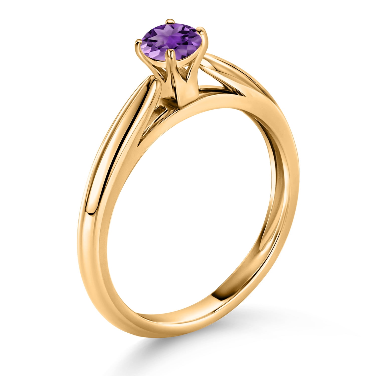 Gem Stone King 10K Yellow Gold Purple Amethyst Solitaire Engagement Ring for Women (0.25 Cttw, Gemstone February Birthstone, Round 4MM)